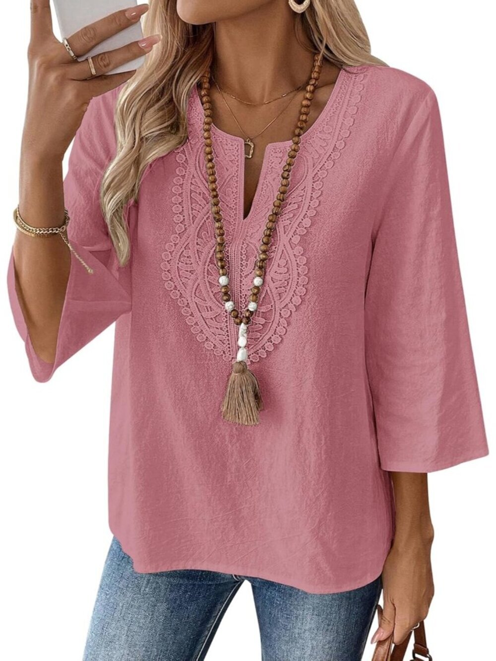 Women's Grey Pink V Neck Pull On Loose Fit Blouses Sleeve Top Cotton Linen Shirt